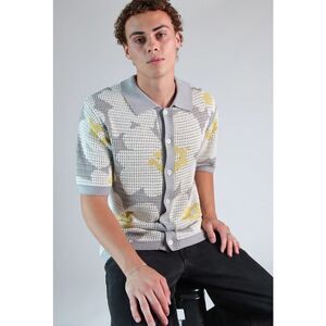 Massive Luxury Knit Crochet Floral Button Down Short Sleeve Shirt Mens Small